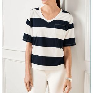 Talbots Women’s Boxy V-Neck Quince Stripe Tee Navy White Size M NEW$70